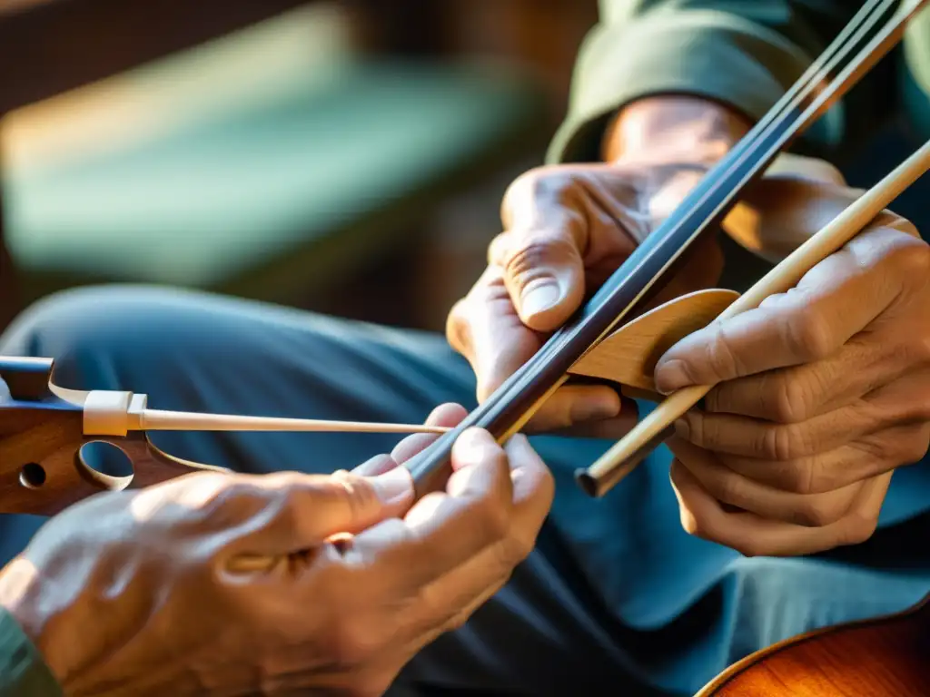 El maestro luthier esculpe con maestría un arco de violín de madera pernambuco, destacando el arte de hacer arcos de instrumentos de cuerda