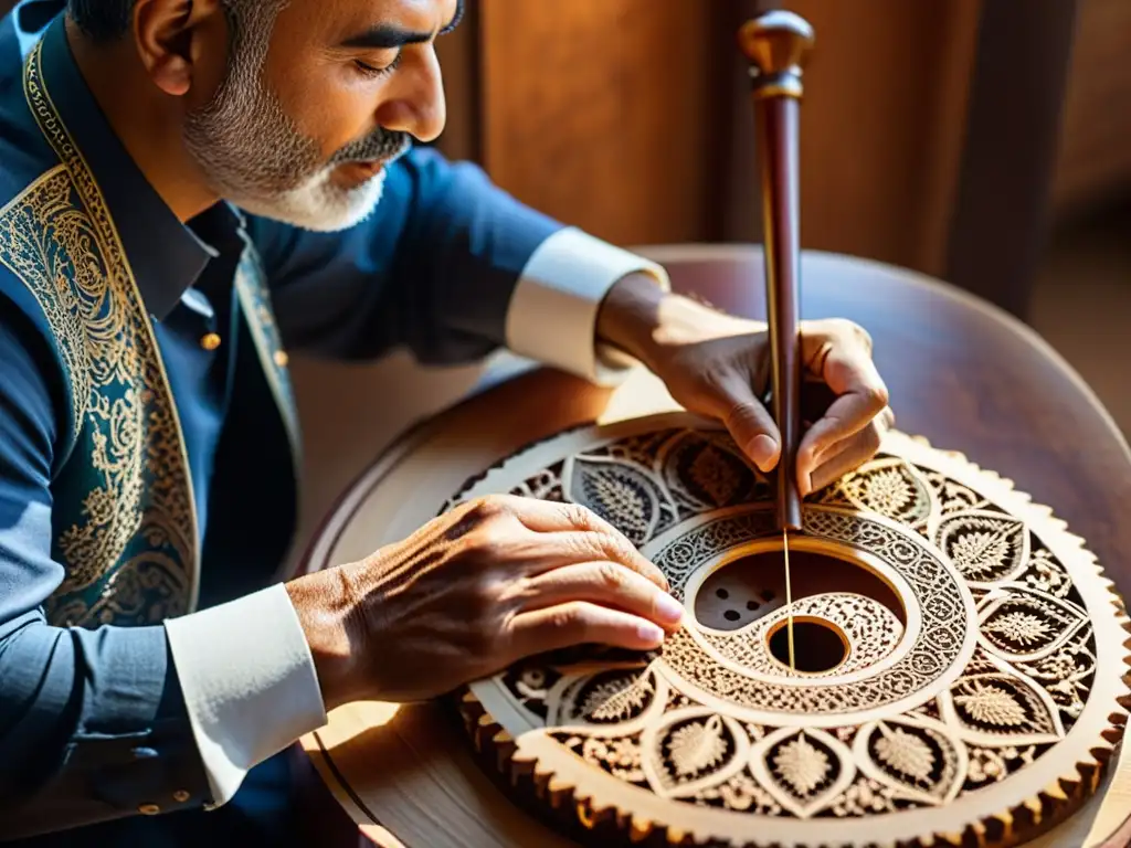 Un maestro artesano del Oud árabe talla intrincados diseños en la madera, resaltando la historia y relevancia cultural del Oud