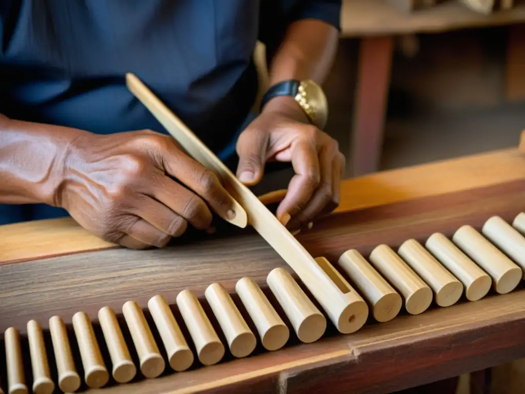 Artesano tallando balafón: tradición y destreza Un maestro artesano tallando con dedicación las teclas de madera de un balafón tradicional, resaltando la historia y la precisión en su construcción