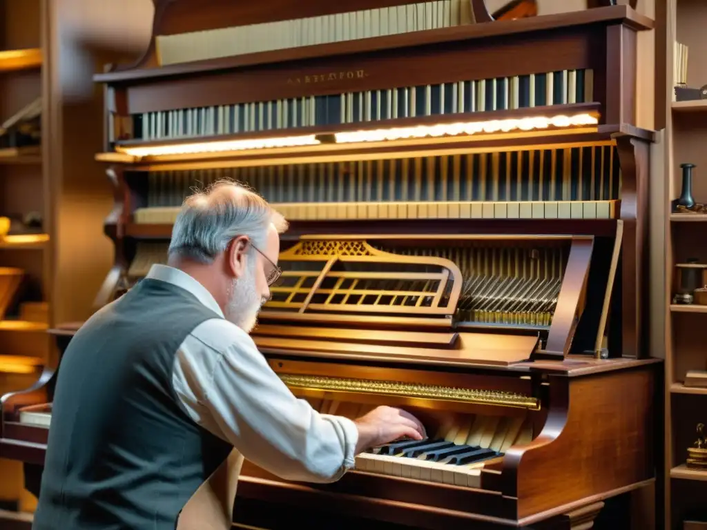 Un maestro artesano restaura con delicadeza un antiguo piano rodeado de herramientas organizadas en un taller cálido y acogedor