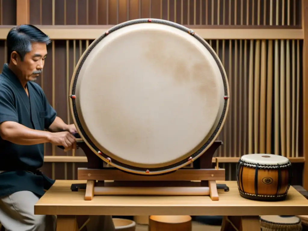 Un maestro artesano japonés construye un tambor Taiko con técnicas tradicionales en un taller sereno