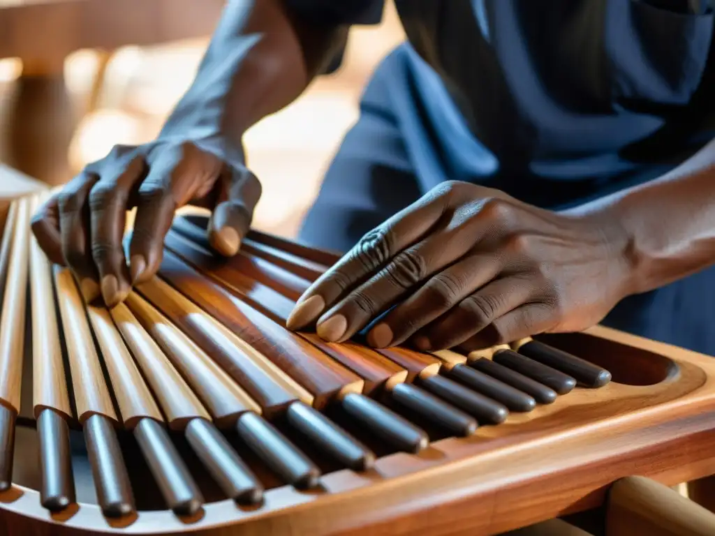 El maestro artesano esculpe una marimba africana con cuidado y precisión, resaltando la artesanía y el origen de estas tradicionales instrumentos