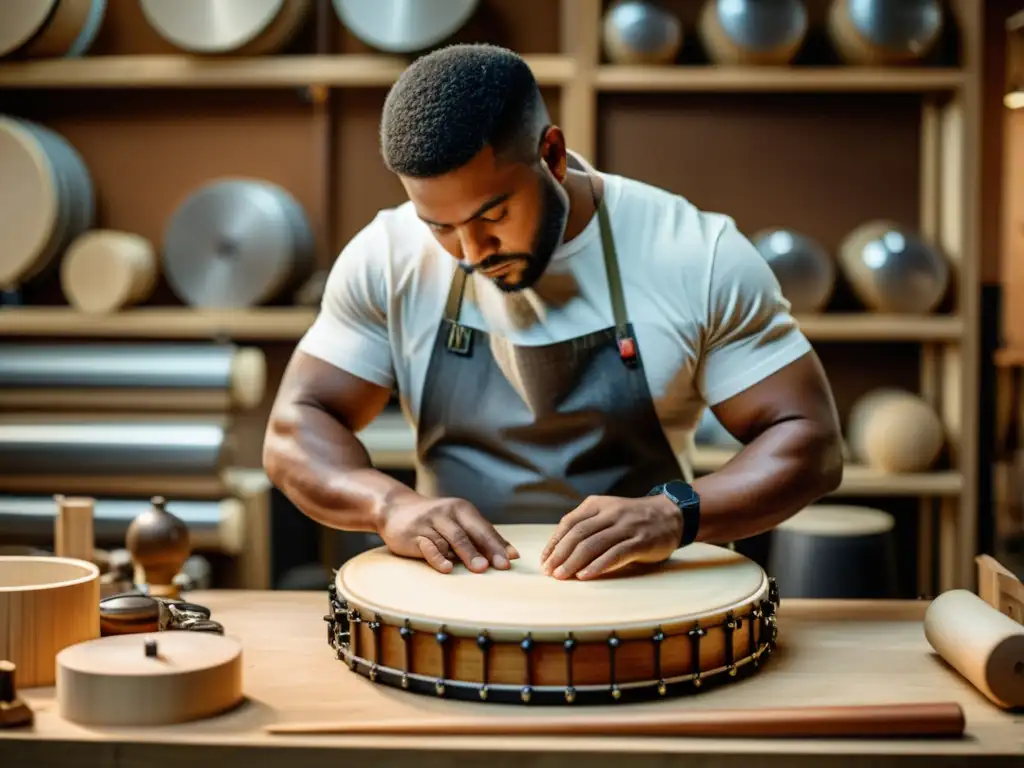 Un maestro artesano de percusión moldea una membrana con técnicas tradicionales