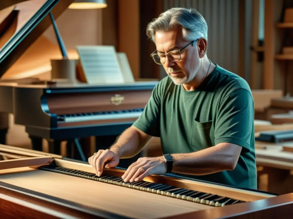 Un maestro artesano de pianos de cola conciertos diseña con precisión y dedicación en su taller cálido y suavemente iluminado