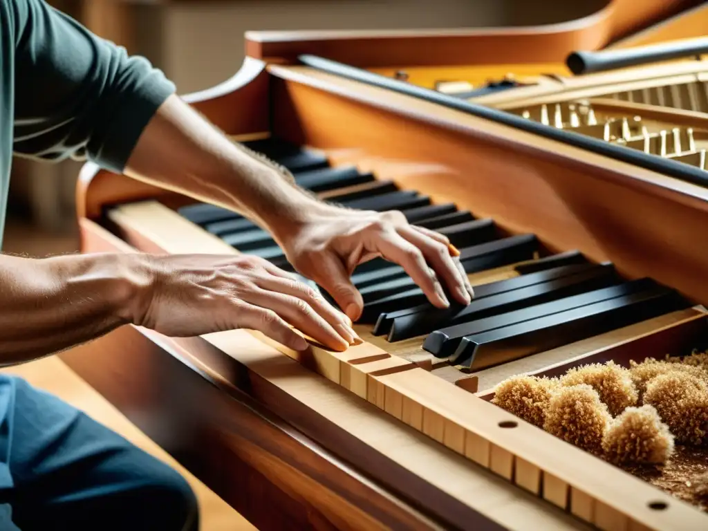 Maestro artesano de pianos moldea la tabla armónica con precisión, rodeado de herramientas