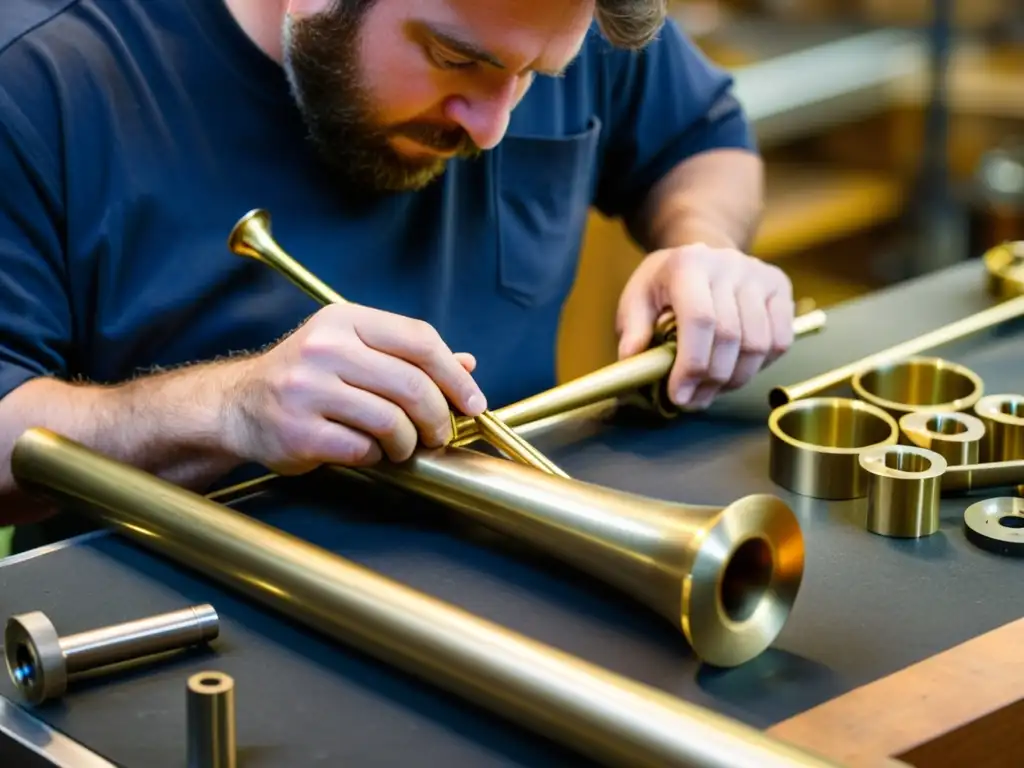 Un maestro artesano ensambla con precisión pistones y tubos de un trombón de pistones en un taller iluminado