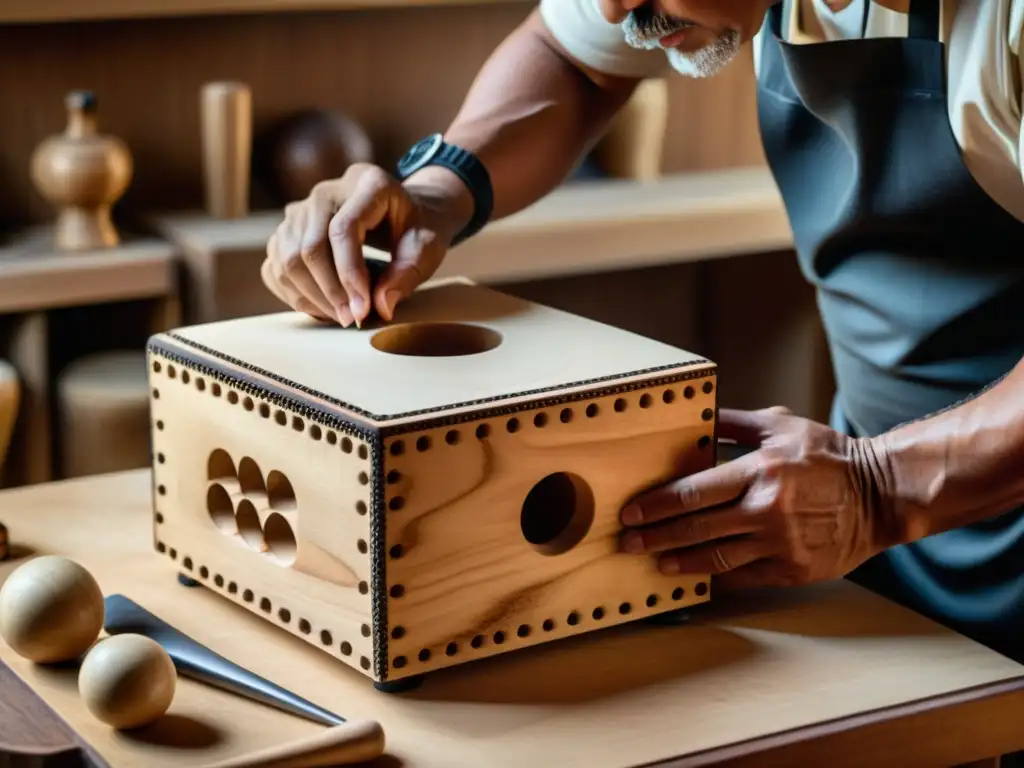 Maestro artesano esculpe con precisión un cajón flamenco, resaltando la fusión de tradición y nuevos materiales para un sonido auténtico