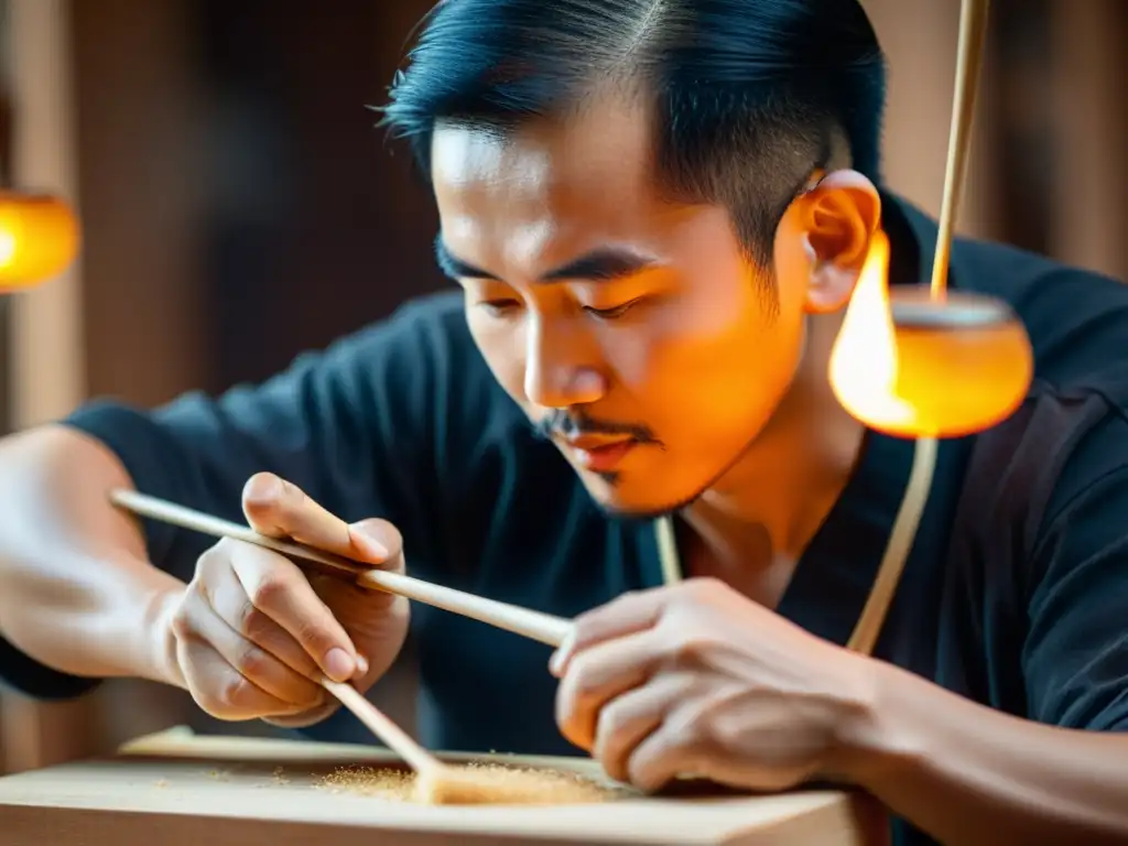 Un maestro artesano esculpe con precisión el cuerpo de madera delicada de un erhu chino, con destellos dorados iluminando la atmósfera del taller