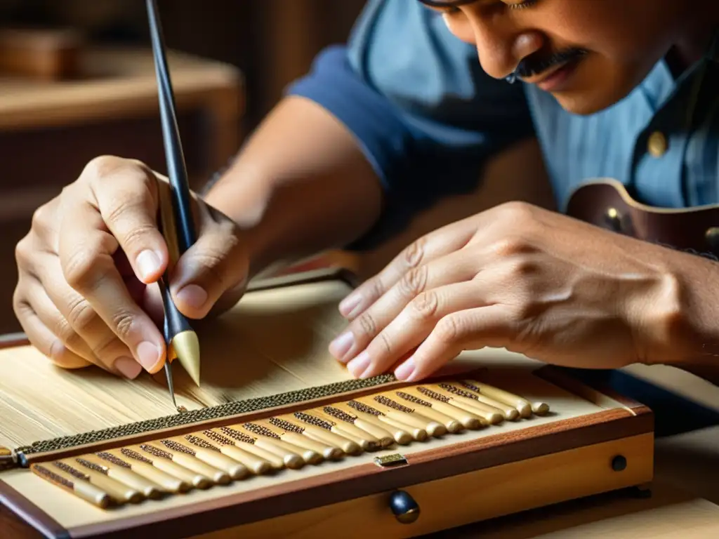 Un maestro artesano trabaja meticulosamente en el sistema de lengüetas de un bandoneón, resaltando la importancia del bandoneón en el tango