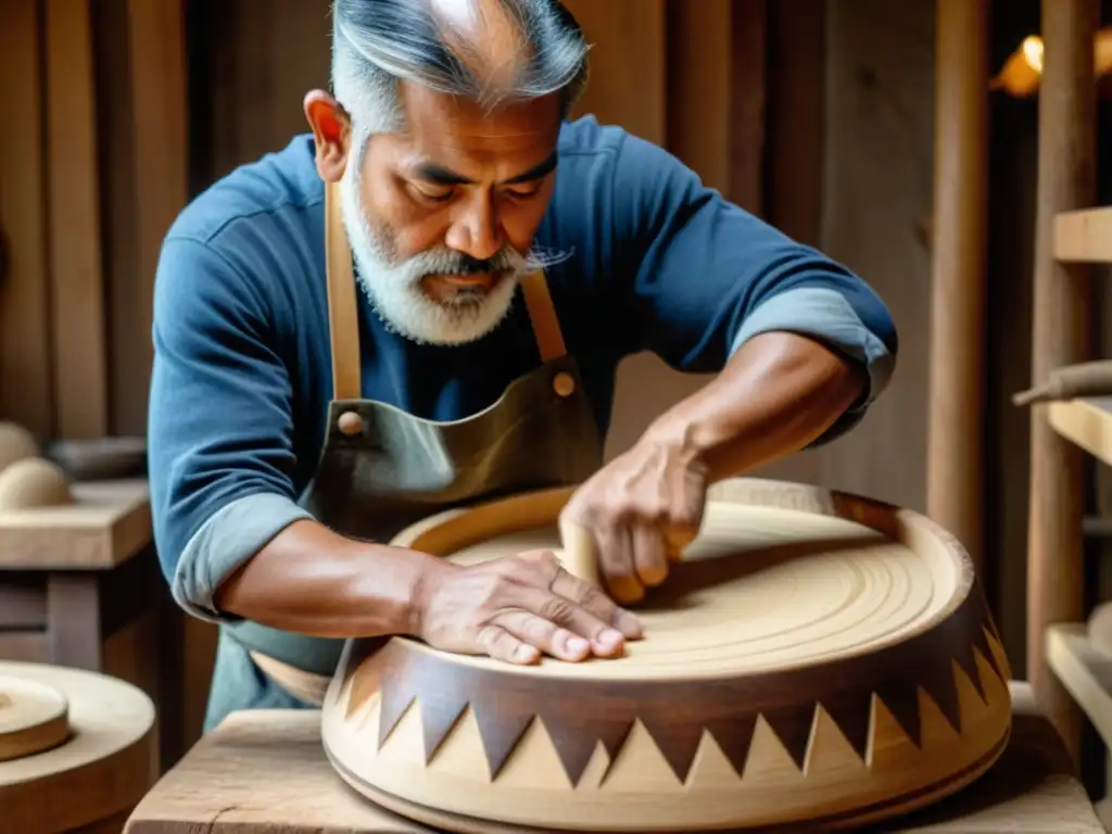 Un maestro artesano talla con cuidado la madera de un tambor Donno con herramientas tradicionales