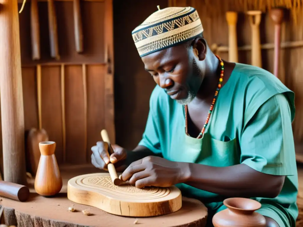 Un maestro artesano en África talla con cuidado un krin, instrumento musical tradicional