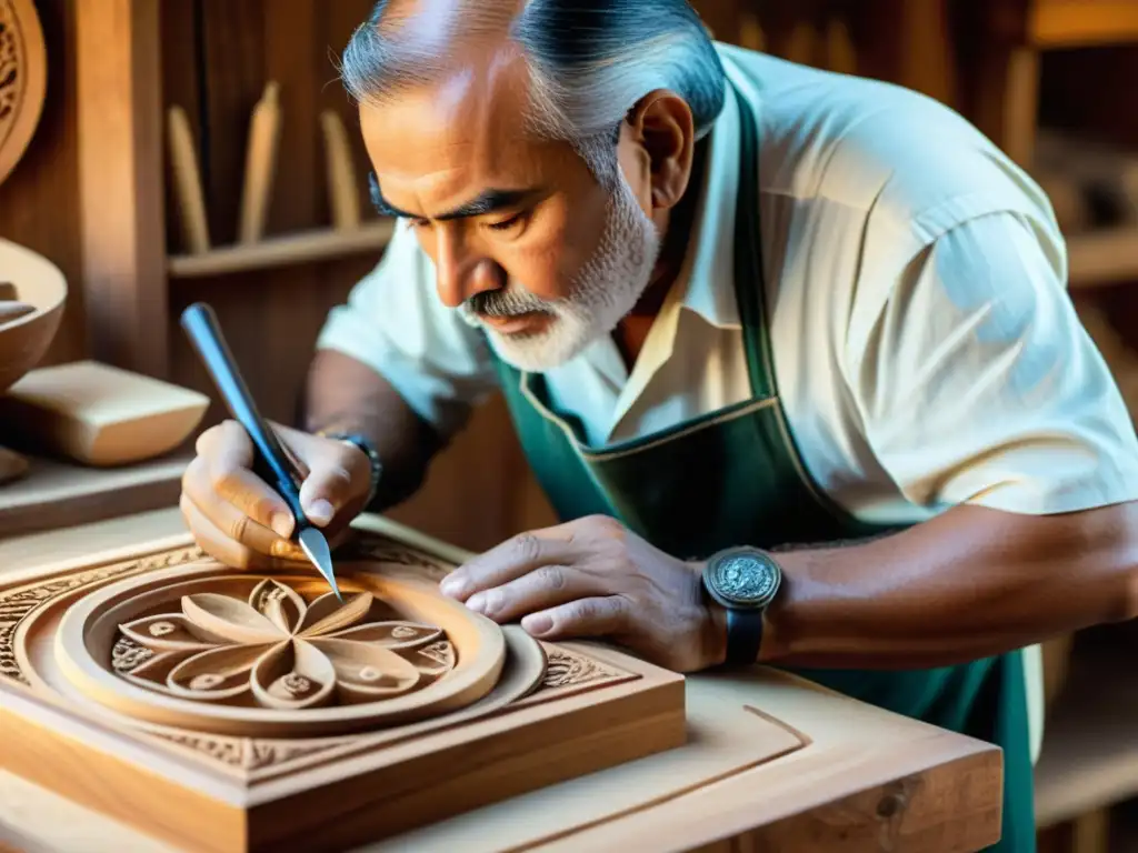 Un maestro artesano talla con dedicación diseños en un Santur iraní, reflejando la preservación e historia detrás de esta tradición