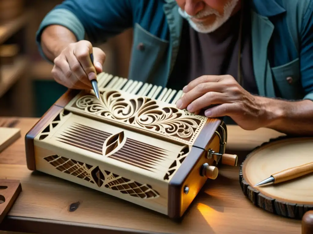 Un maestro artesano talla delicados diseños en la madera de un acordeón tradicional, evocando la artesanía y la tradición