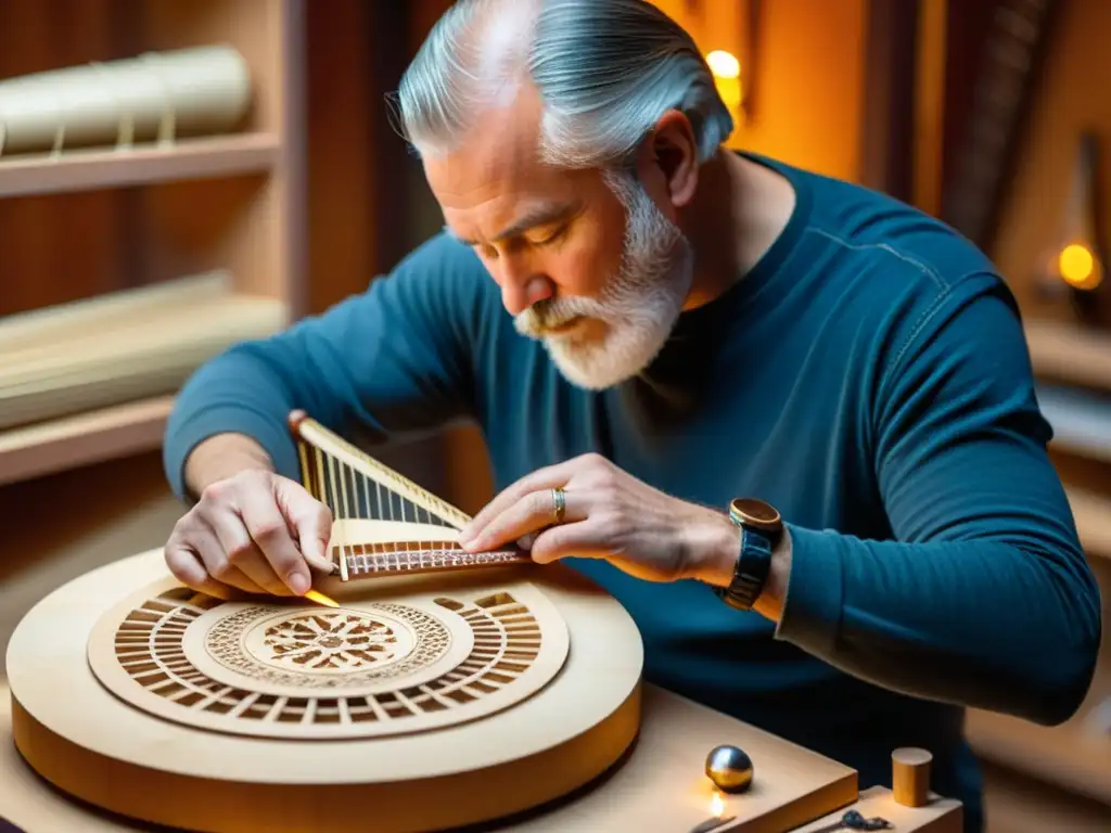 Un maestro artesano talla con destreza las intrincadas piezas de una Nyckelharpa sueca, iluminado por el cálido resplandor del taller