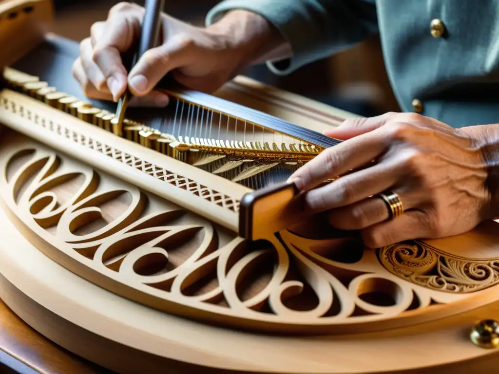 Maestro artesano talla detalladamente diseños en la tabla armónica de un arpa utilizando materiales modernos, fusionando tradición y precisión en la construcción de arpas