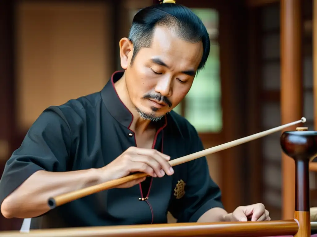 Un maestro artesano talla con precisión el cuerpo delicado de un erhu, transmitiendo la emoción y dedicación en su construcción