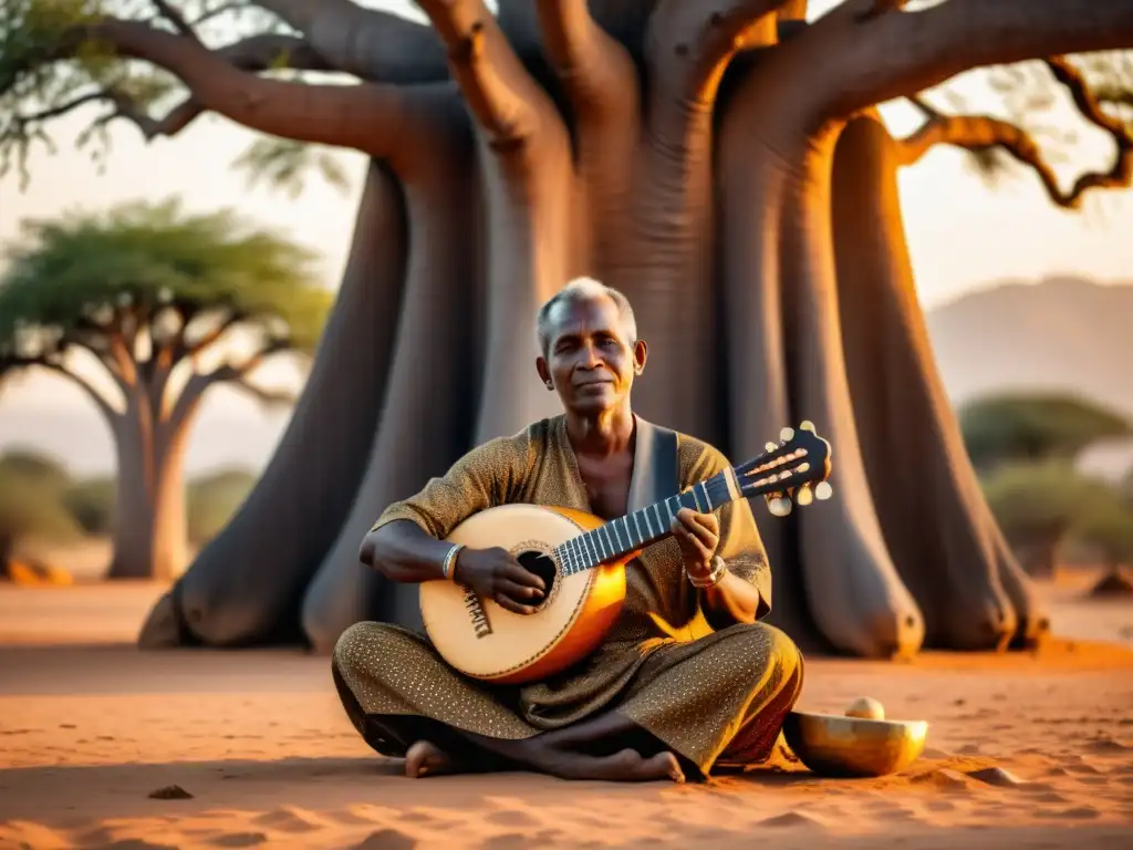 Un maestro del Kora toca bajo un baobab al atardecer, resaltando la historia y sonido del kora africano