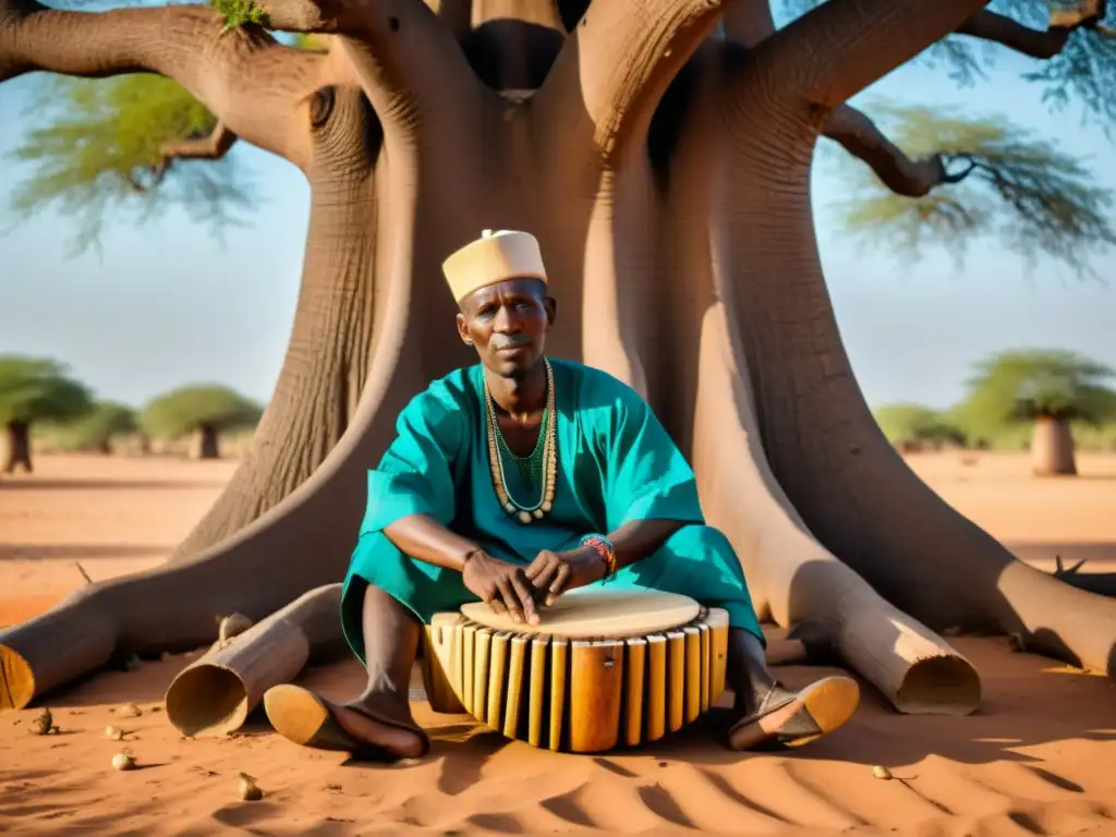 Un maestro balafonista africano descansa bajo un baobab, con su instrumento listo para tocar