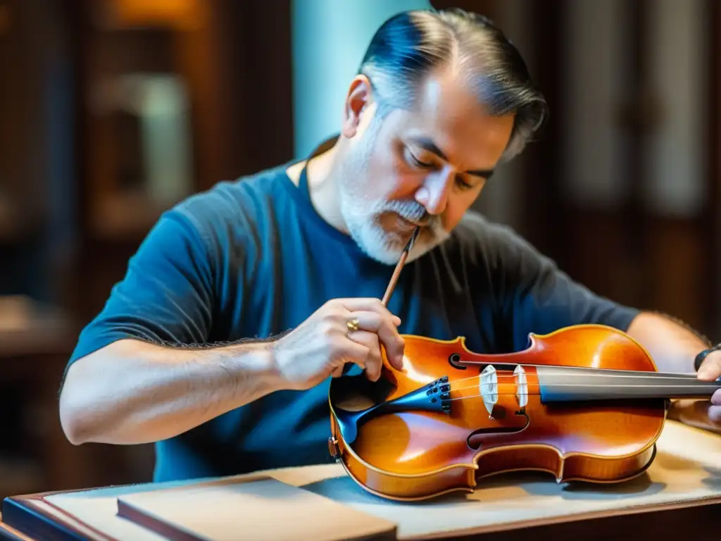 Un maestro luthier aplica cuidadosamente barniz a un violín, mostrando el efecto del barniz en violín y la artesanía musical