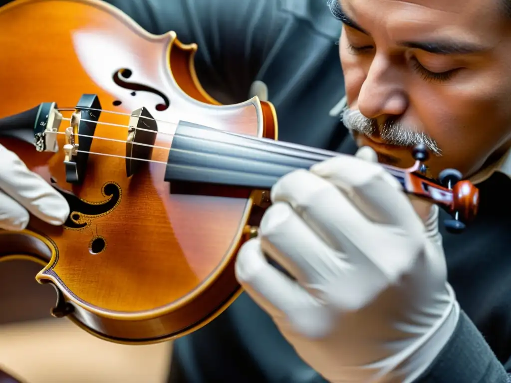 Un maestro luthier aplica cuidadosamente barniz a un violín Stradivarius, destacando la conservación de violines clásicos