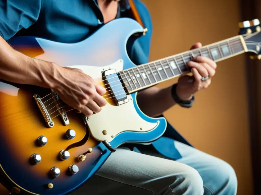 Un maestro del blues ejecuta técnicas de vibrato y bend en una guitarra eléctrica vintage con destreza y emoción