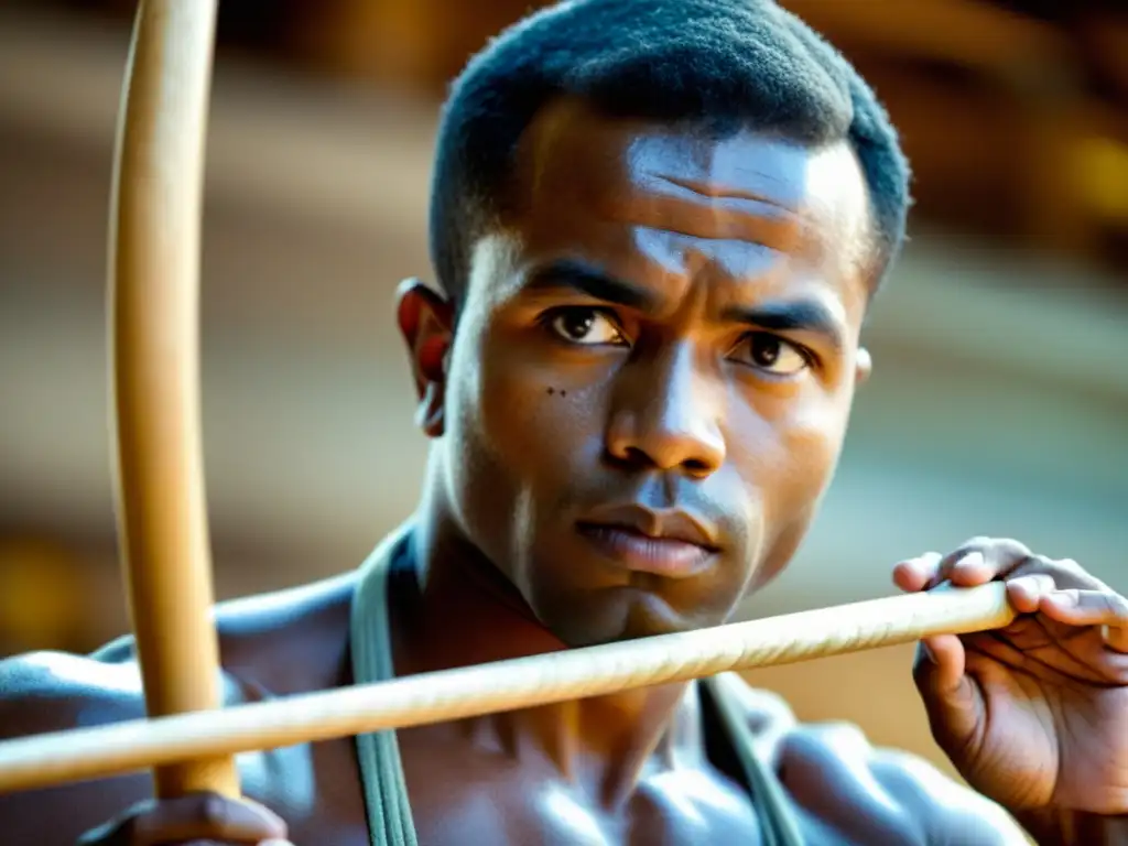 Un maestro de capoeira sostiene un berimbau con intensa concentración