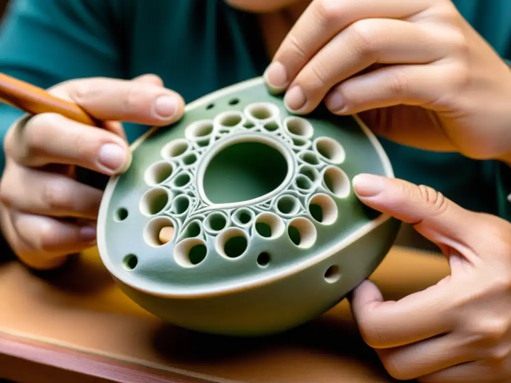 Un maestro ceramista talla con precisión una ocarina, mostrando la importancia de la cerámica en ocarinas con su habilidad artesanal