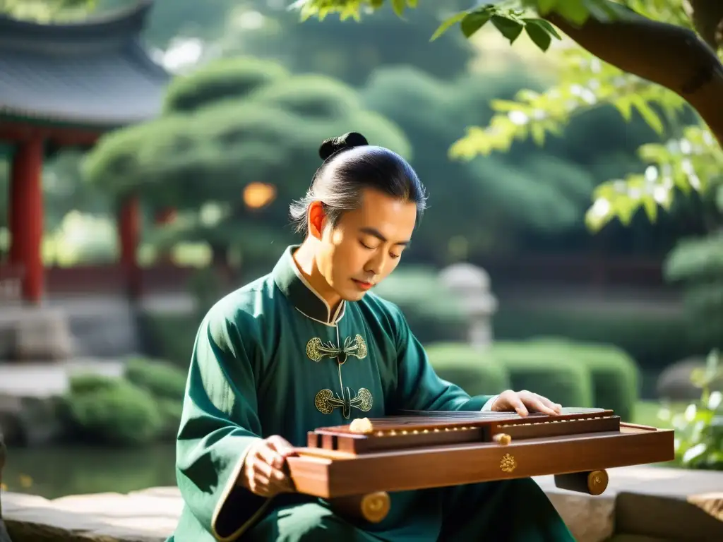 Un maestro de Guqin chino medita en un jardín tradicional, rodeado de vegetación exuberante y arquitectura ornamental
