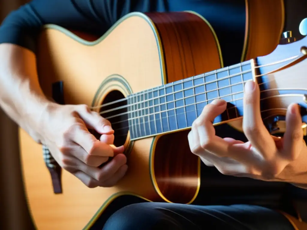 Un maestro de guitarra clásica ejecuta con pasión técnicas de contrapunto, sus manos entrelazan las cuerdas con destreza