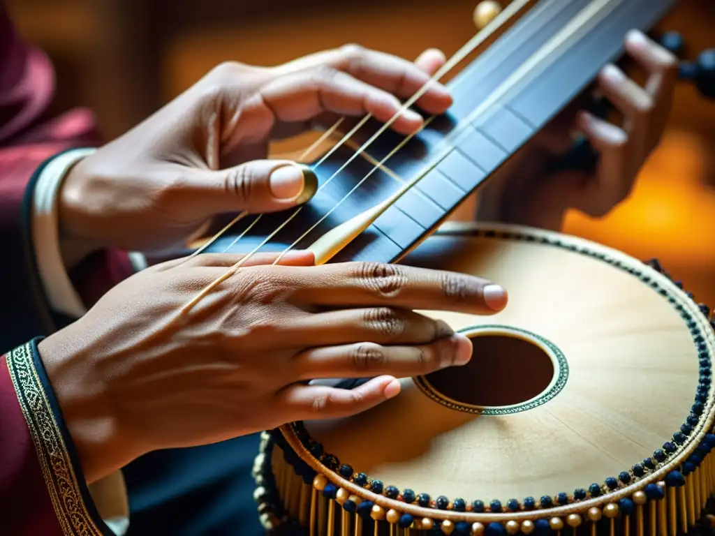 Un maestro del kanun concentrado, tocando las delicadas cuerdas