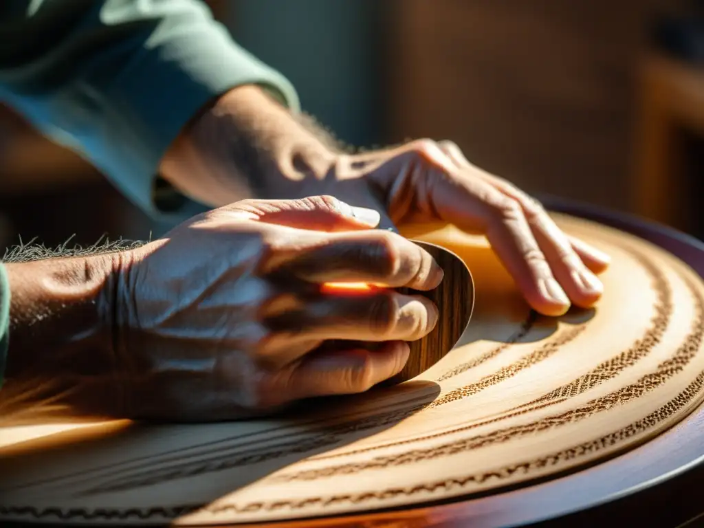 El maestro luthier examina con cuidado la veta de la madera, mostrando la importancia de este detalle en la fabricación de guitarras