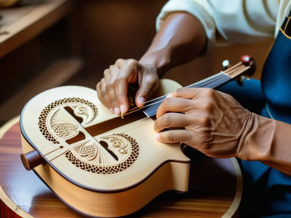 Un maestro luthier talla con dedicación un cuatro venezolano, mostrando la artesanía e historia del instrumento