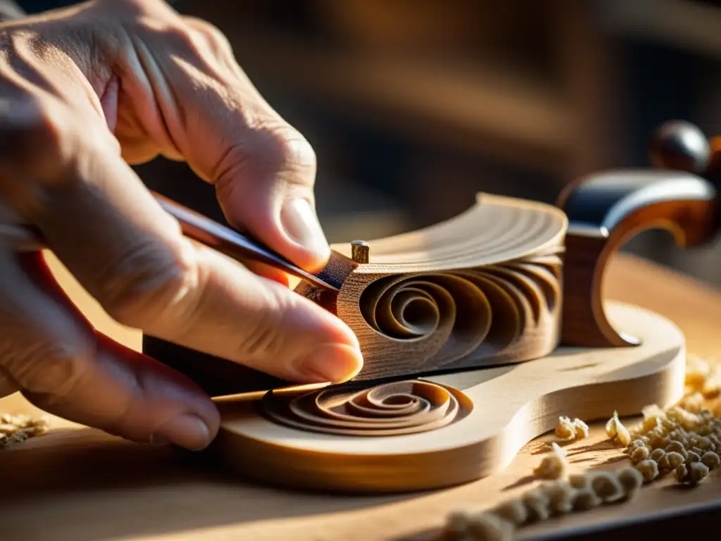 Maestro luthier talla con precisión la delicada curva de un violín, destacando la artesanía de Innovaciones en la luthería de instrumentos