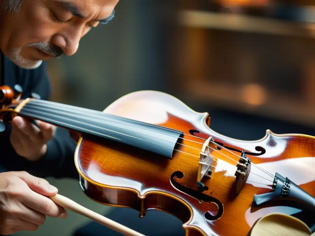 Un maestro luthier aplica con delicadeza un acabado brillante a un violín artesanal, fusionando tradición e innovación