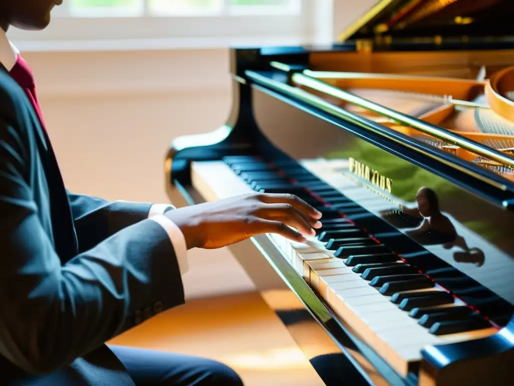 Un maestro de música guía con delicadeza las manos de su joven estudiante al tocar una compleja pieza en un piano de cola