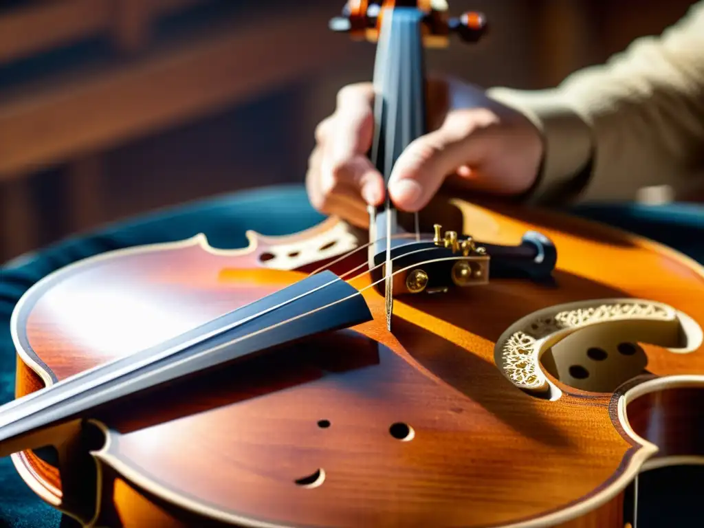 Un maestro luthier restaura con delicadeza un violín antiguo, destacando la historia y habilidad en la restauración de instrumentos musicales antiguos