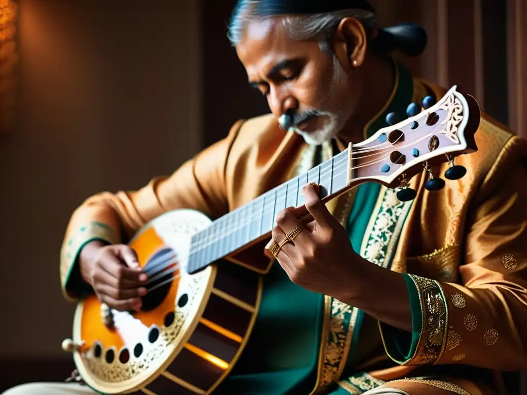 Un maestro toca con destreza un sitar indio en un ambiente atmosférico, resaltando la influencia psicodélica del instrumento