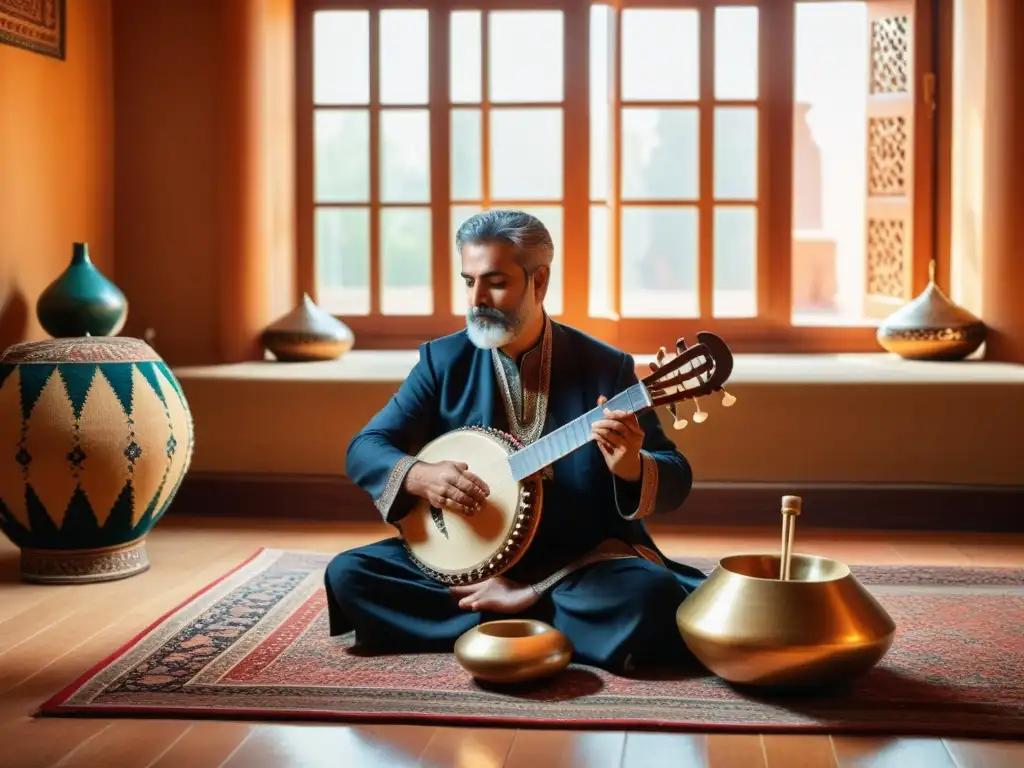 Un maestro del santur iraní toca con destreza, rodeado de instrumentos en una habitación llena de calidez y tradición