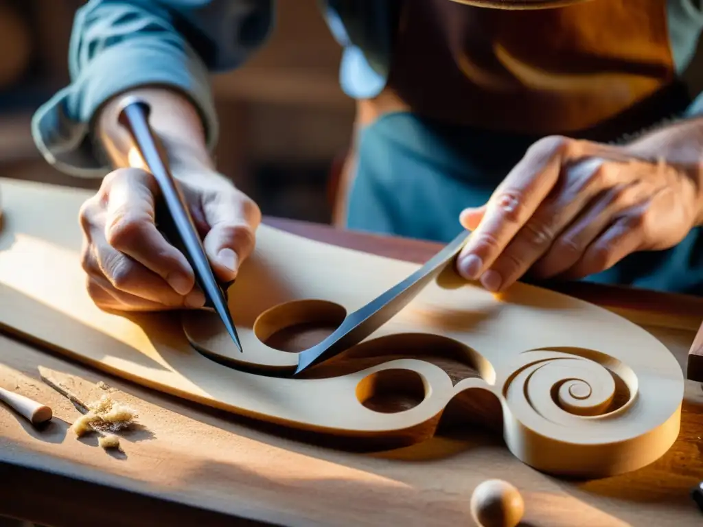 Un maestro luthier esculpe con destreza un violín, mostrando la evolución del oficio de luthería en su taller iluminado por la cálida luz natural