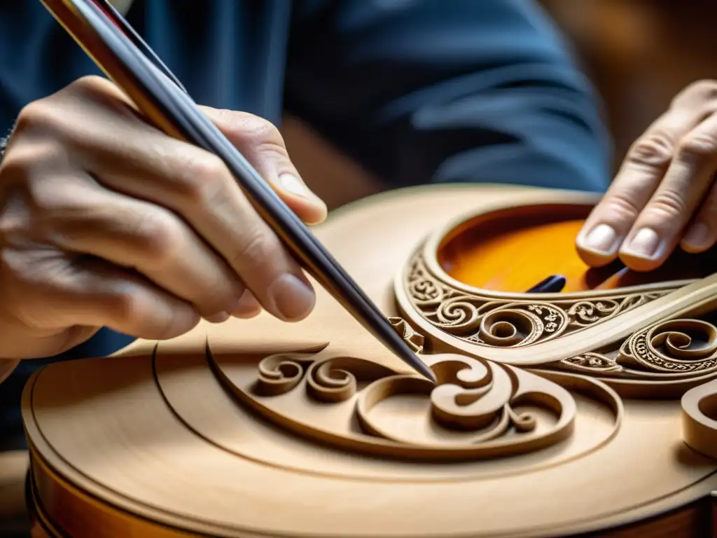 Un maestro luthier talla con precisión detalles en un arco de violín, capturando la esencia del arte de hacer arcos de instrumentos de cuerda