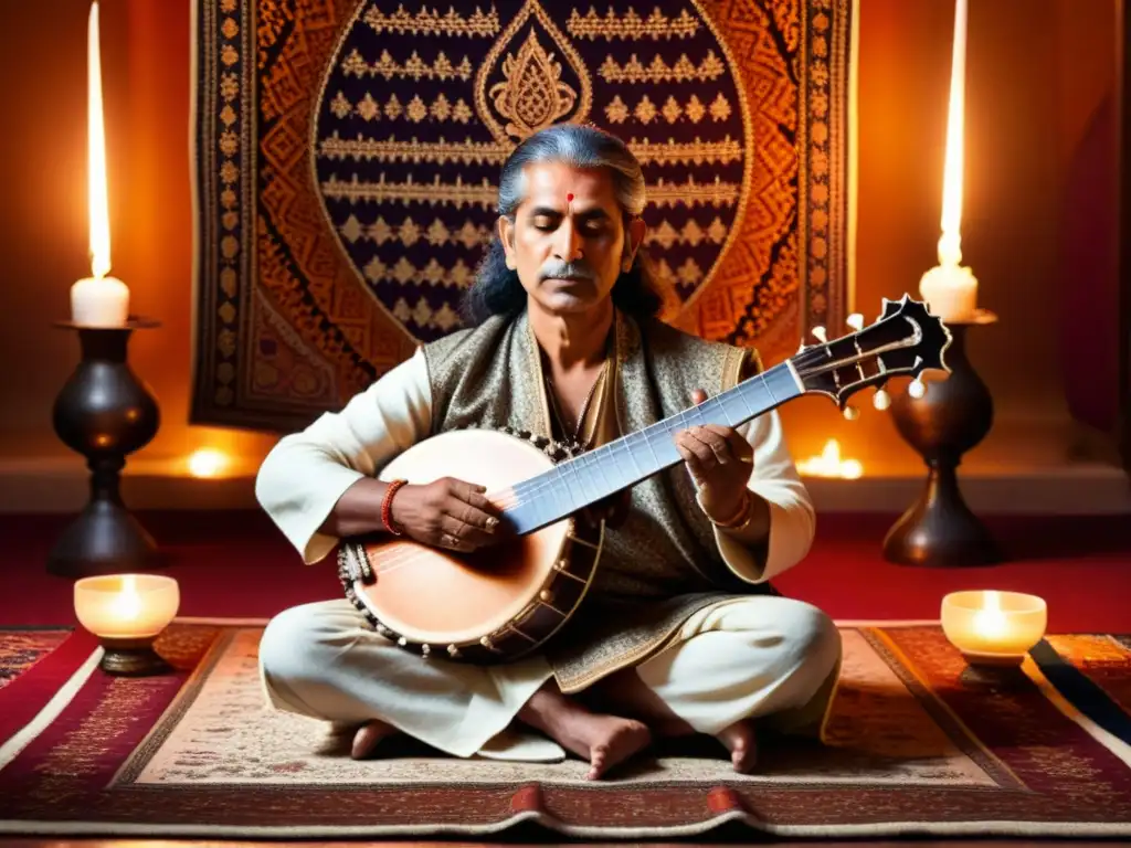 Un maestro del sitar tocando con devoción en una atmósfera espiritual en la India