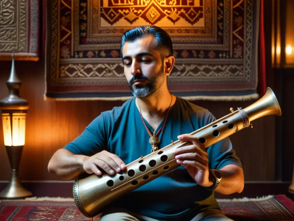 Un maestro Duduk armenio toca en un estudio tradicional iluminado por una lámpara, evocando la antigua Ruta de la Seda