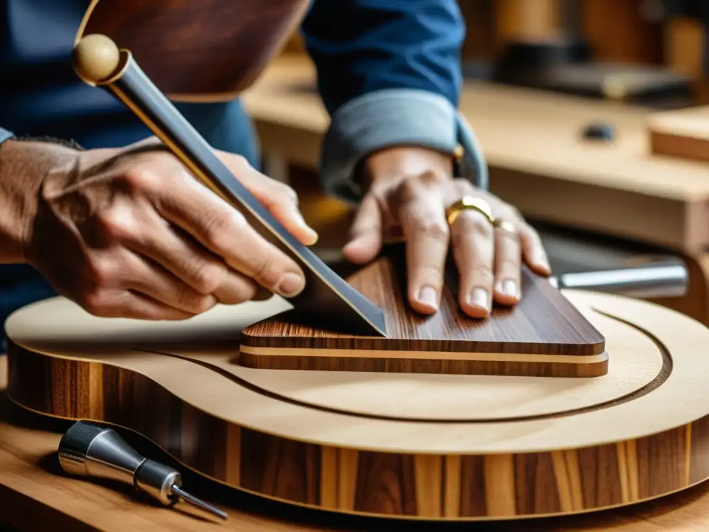 Un maestro lutier da forma meticulosa al panel de sonido de una guitarra acústica artesanal, rodeado de herramientas de precisión