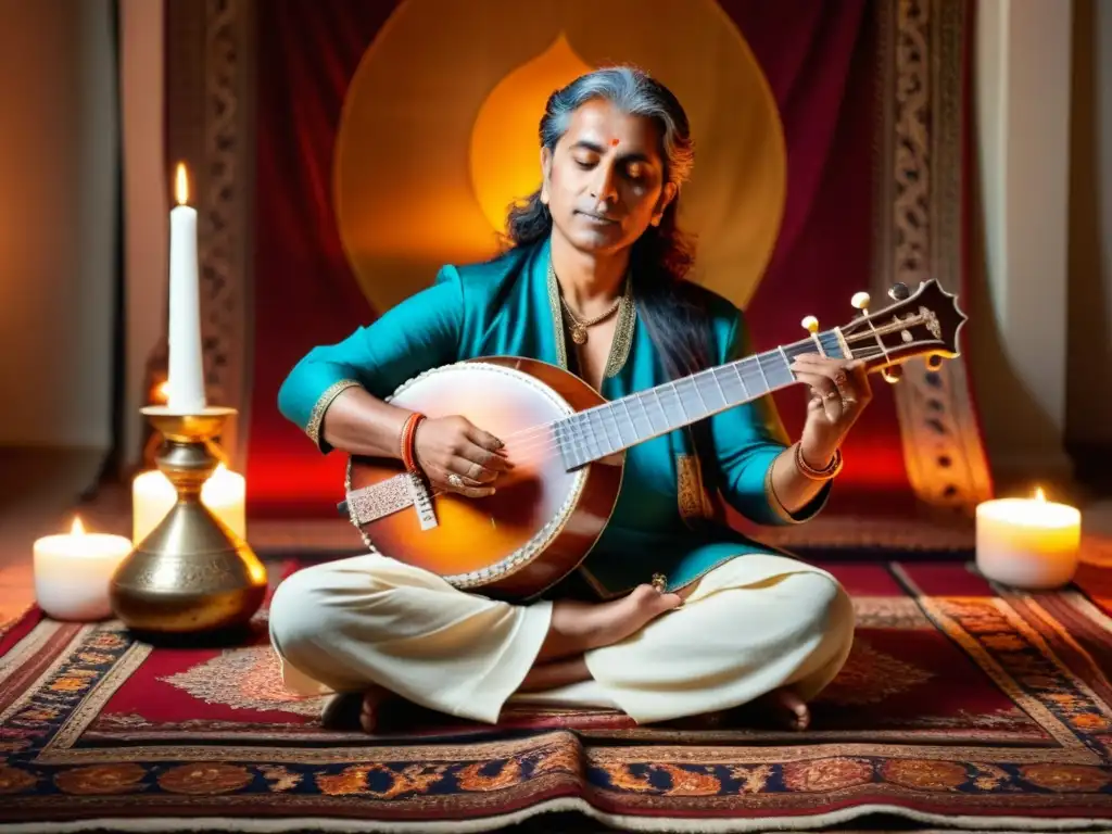 Un maestro del sitar toca con gracia en una atmósfera íntima, rodeado de velas