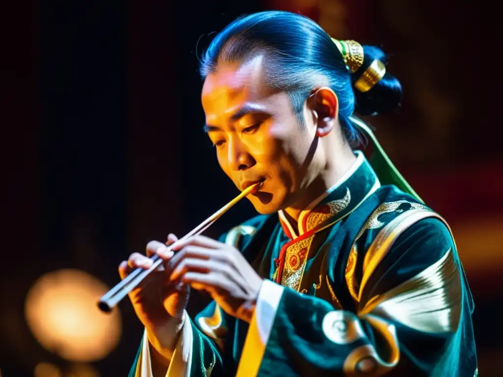 Un maestro tocando el guanzi en un escenario, con concentración intensa y movimientos intrincados