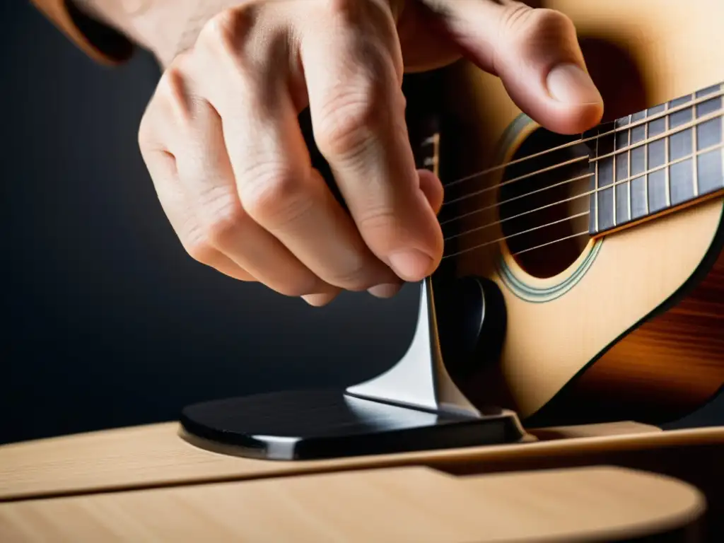Un maestro de la guitarra ejecuta con destreza la técnica de slurs en el mástil de una guitarra acústica, resaltando la habilidad y precisión requeridas para lograr una expresión musical fluida