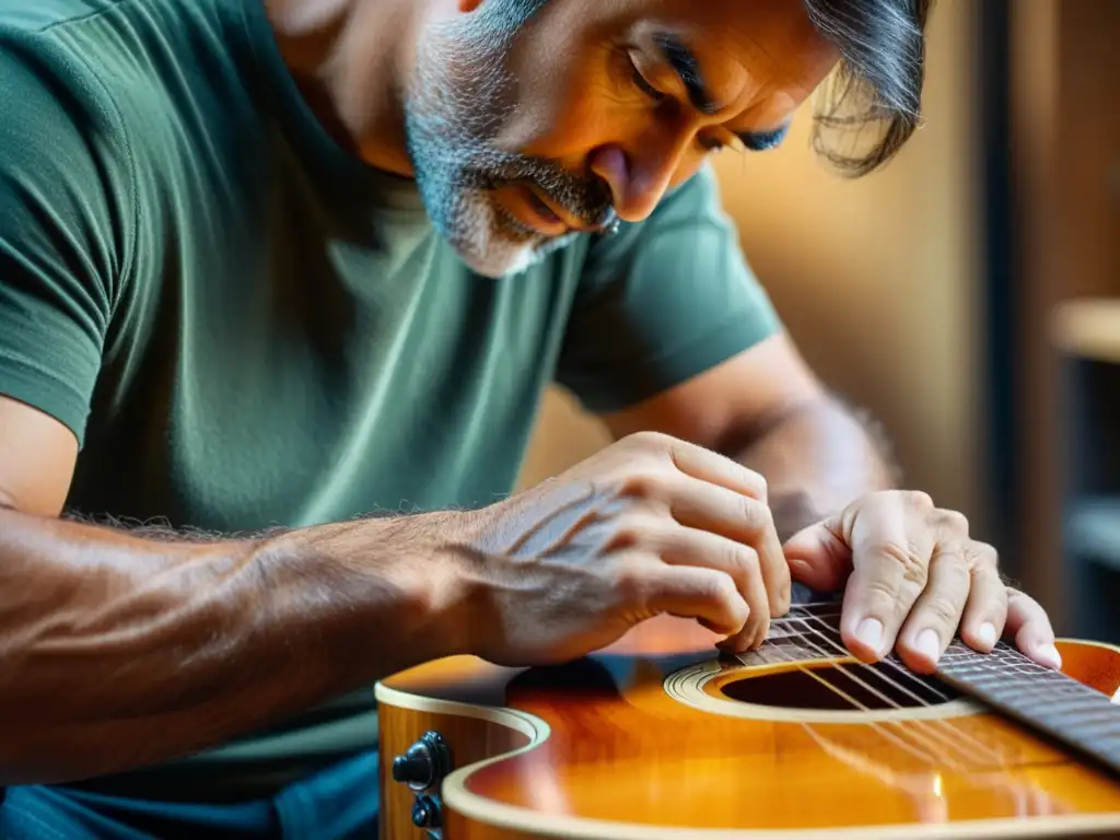 El maestro guitarrero selecciona con cuidado la veta de madera para crear una guitarra de alta calidad