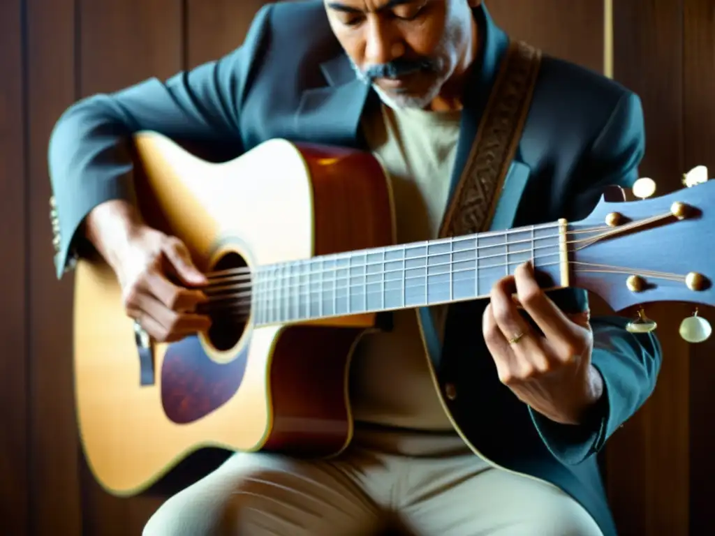 Un maestro guitarrista toca una guitarra de siete cuerdas en un ambiente íntimo