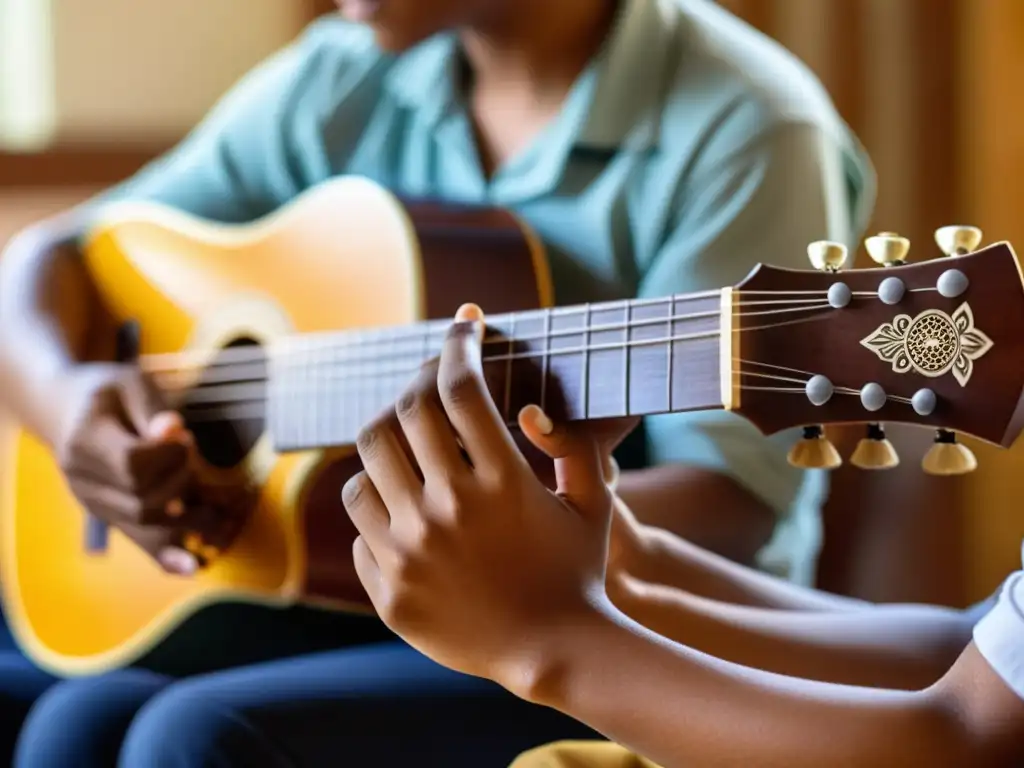 Un maestro habilidoso guía con delicadeza a jóvenes estudiantes mientras aprenden a tocar el charango en un aula iluminada