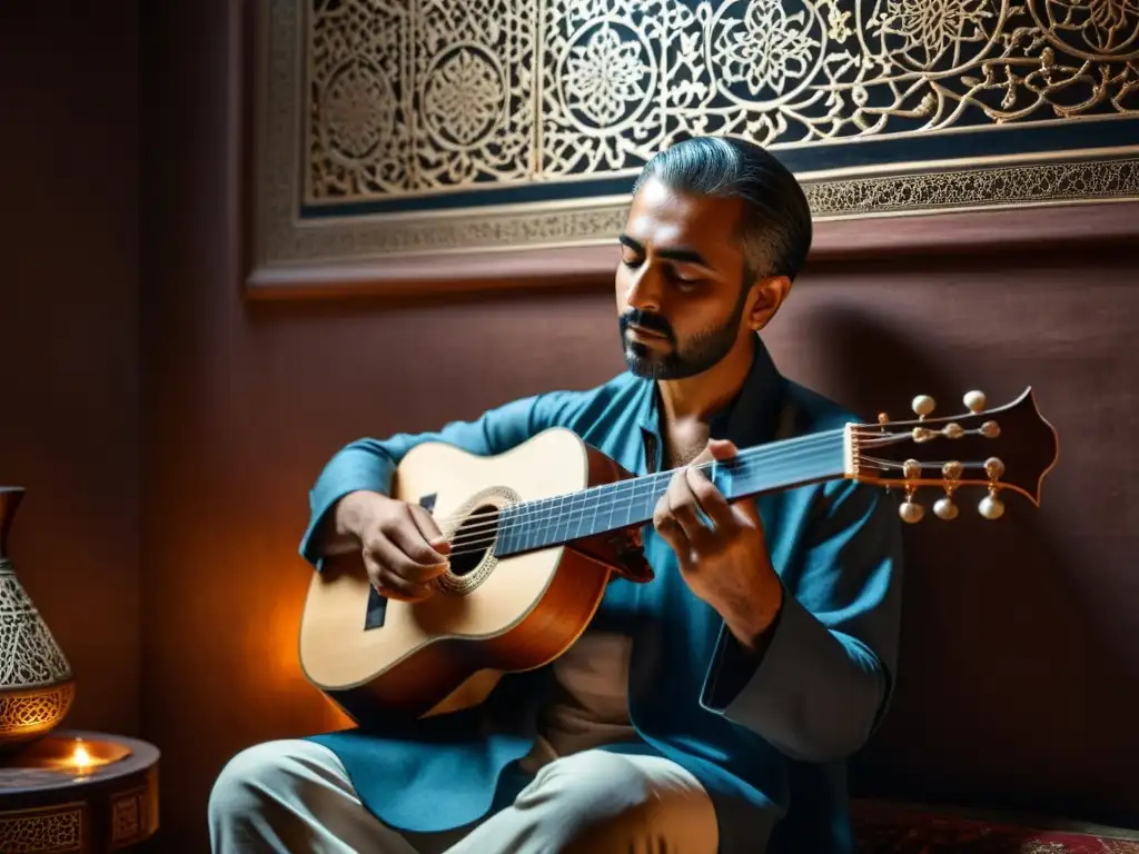 Un maestro del Oud árabe en una habitación ricamente decorada, iluminada con destellos de luz y sombras